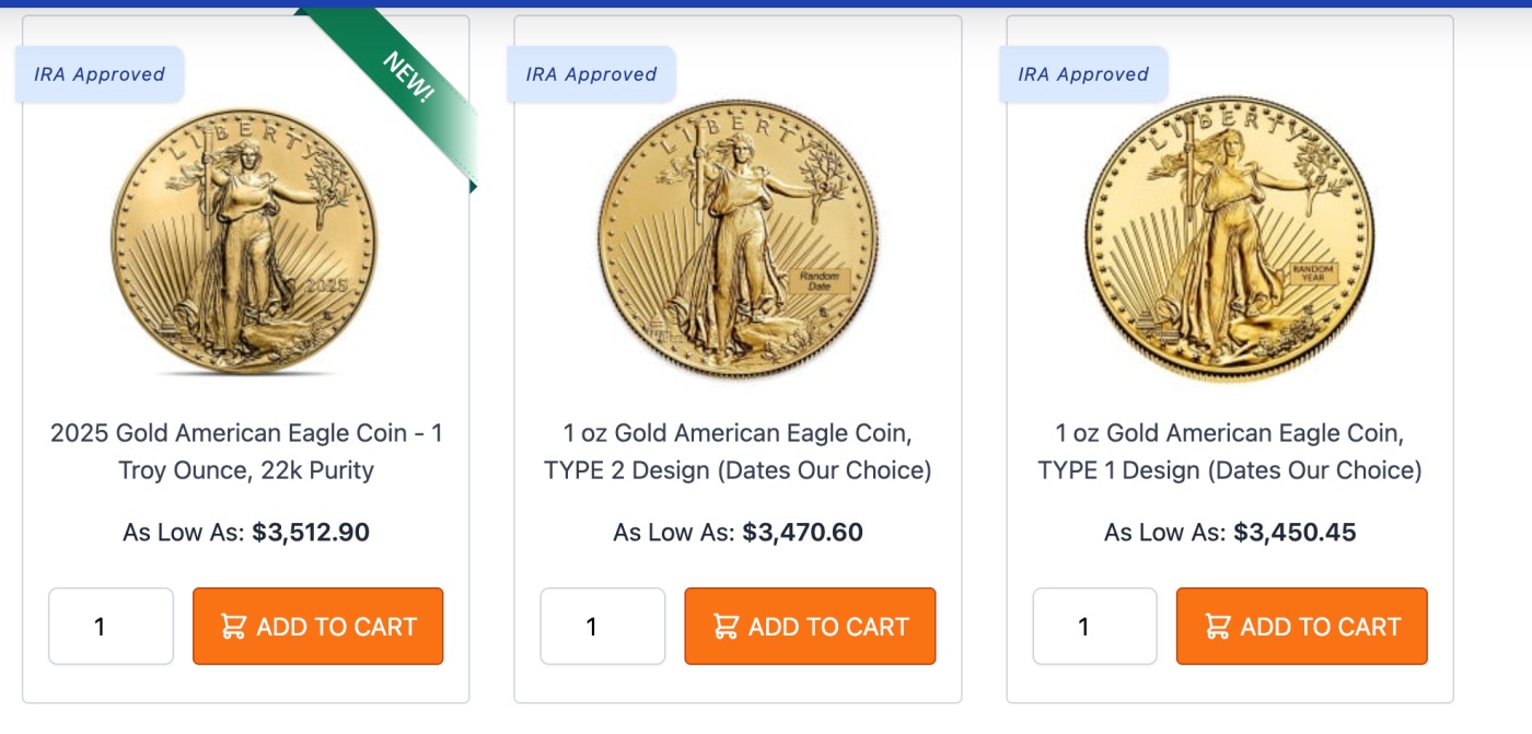 Image of some of the IRA approved American Eagle Coins