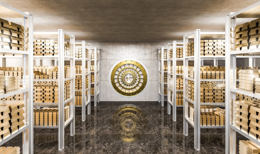 Open vault with gold bars on shelves