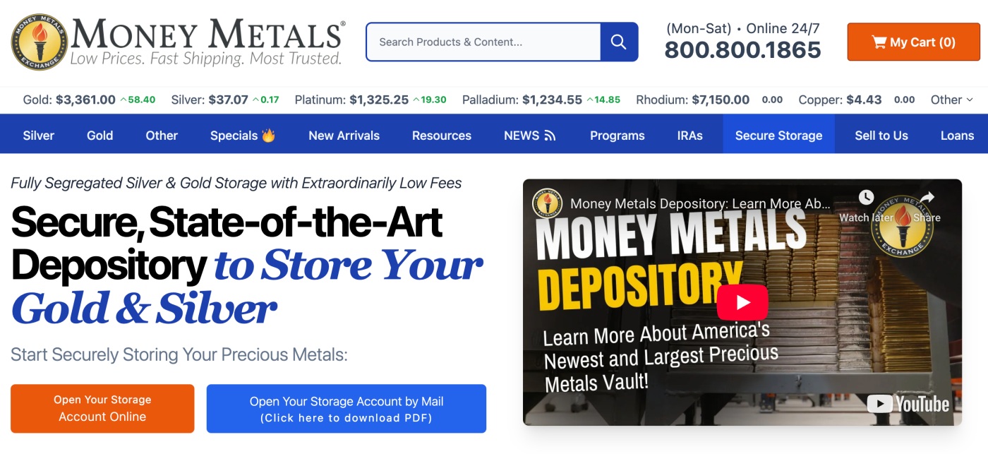 Screenshot of the Secure Storage page on the Money Metals website