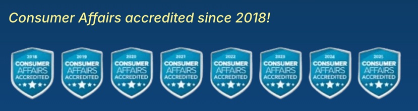 Consumer Affairs accreditation badges for 2018 to 2015