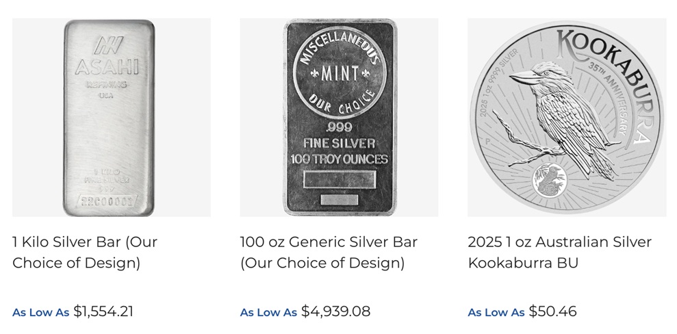 Silver bars and coins available from Universal Coin and Bullion including Australian Silver Kookaburra