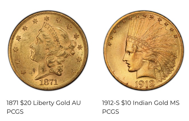Two rare coins available from Universal Coin & Bullion - Liberty Gold Coin from 1871 and Indian Gold Coin from 1912